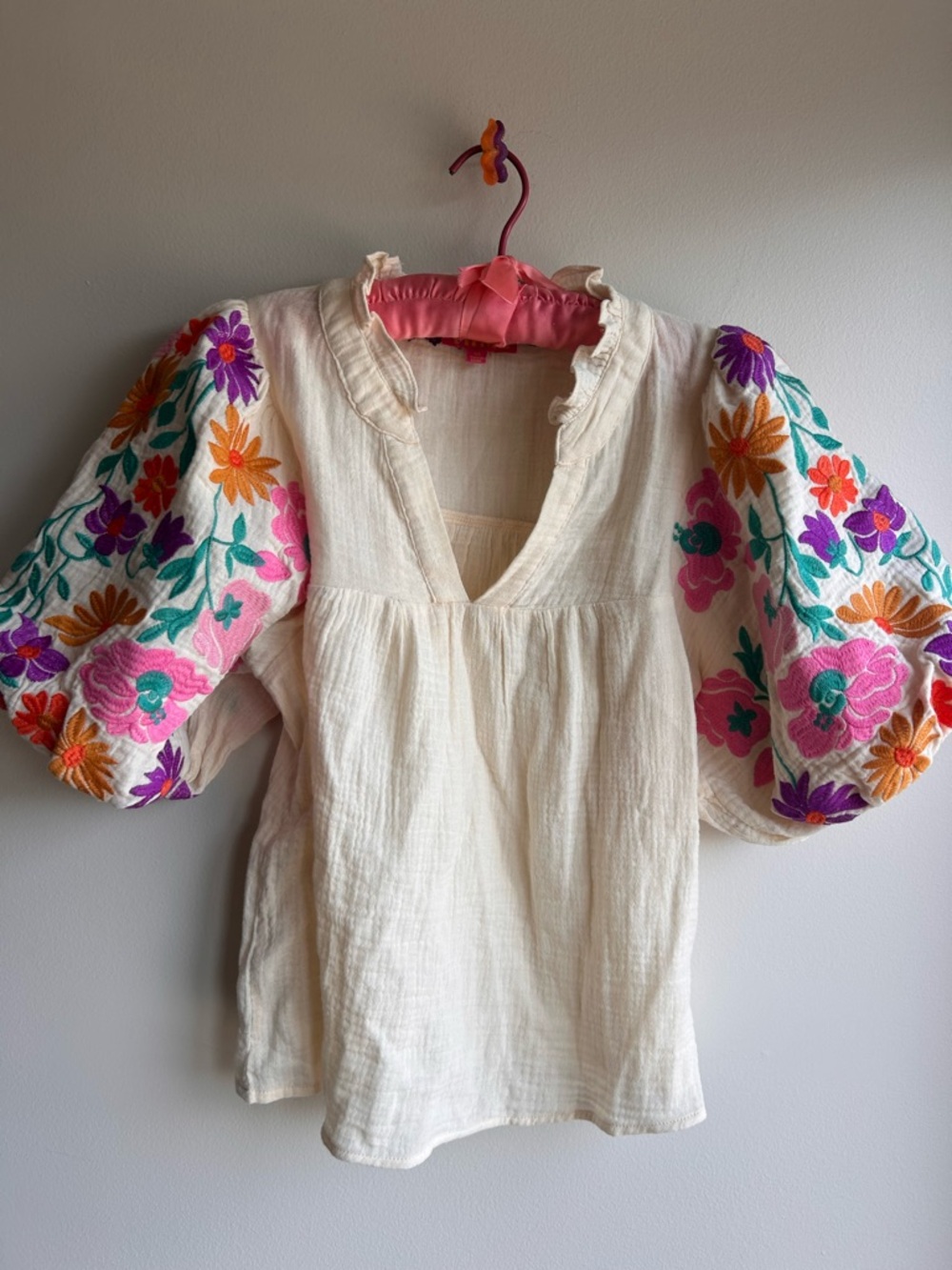 Embroidered Puff-Sleeve Peasant Top - Cream with Multicolor Floral Sleeves - Picture 3 of 5